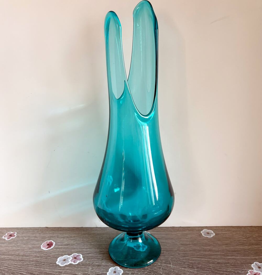 Vintage MCM LE Smith 14” Peacock Blue Smoothie Pedestal Swung Vase Art Glass EUC